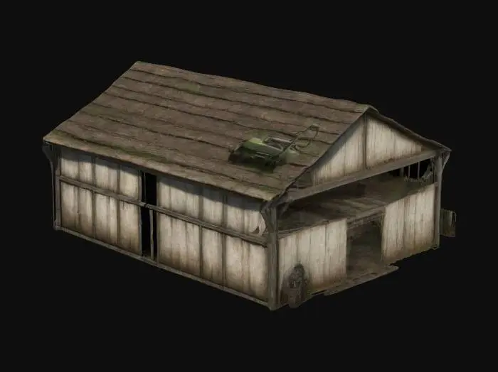3D model for The Walking Dead, Ultra Realistic, Farm building with field with some plants and tools like plow. Buildig can be made from wood and tent or parts of steel,post apo game 3d asset. Filed should be from three sides rounded with fence. It should be from 10 to 15 meters long and 7 meters widthh