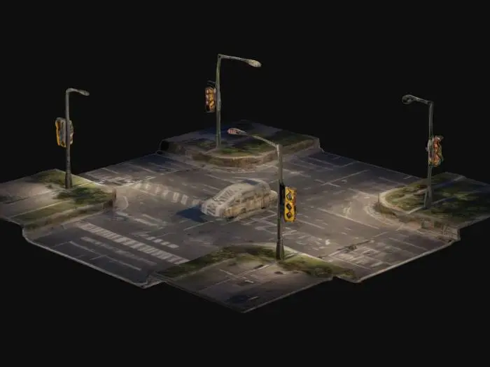 3D model for The Walking Dead, Highly Detailed, city street cross road segment with city lights and pedestrian crossings