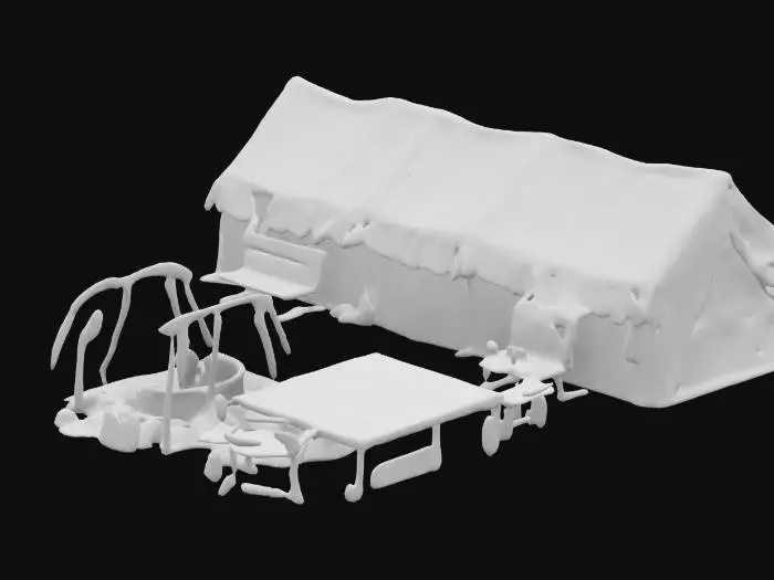 3D model for 3d asset for post apo survivers camp consits of few tents and some junks and randome furnitures