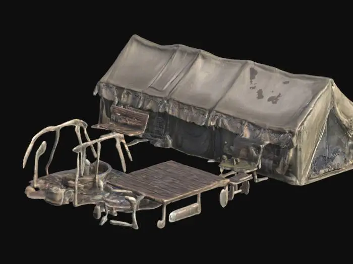 3D model for 3d asset for post apo survivers camp consits of few tents and some junks and randome furnitures