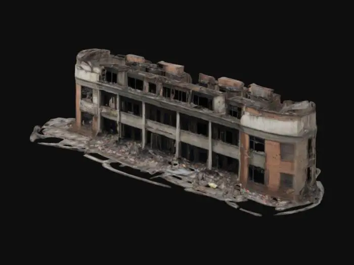 3D model for The Walking Dead, Ultra Realistic abandoned downtown apartment building. There are shop windows or cafes at the bottom. The building has from 5 to 15 floors. There is garbage in front of the building, several apartments have been burned down - the wall is covered with soot.