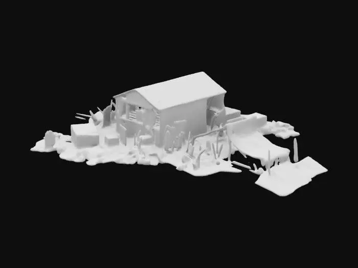 3D model for The Walking Dead, Highly Detailed warehouse building made from tents, wooden boards and metal scrap. Outside is a lot of trunks and boxes. Everything looks like surounded by trash