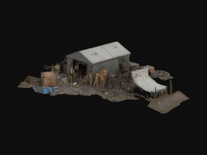 3D model for The Walking Dead, Highly Detailed warehouse building made from tents, wooden boards and metal scrap. Outside is a lot of trunks and boxes. Everything looks like surounded by trash