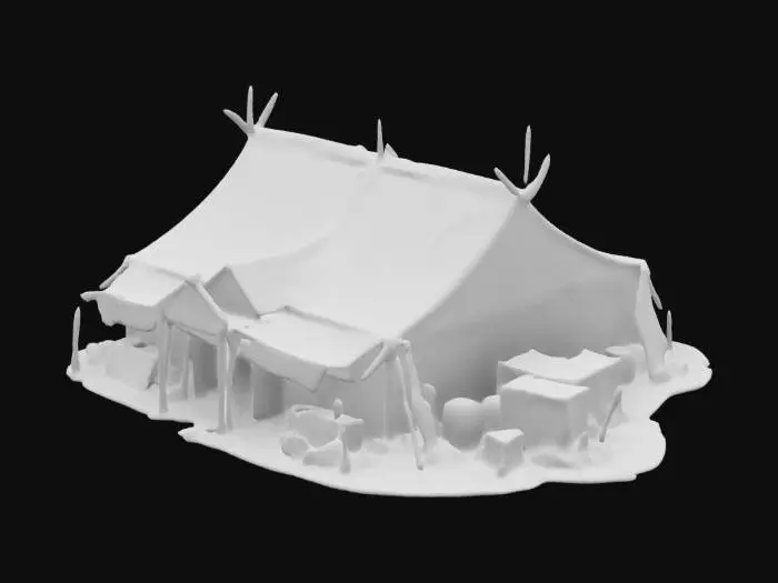 3D model for The Walking Dead, Highly Detailed warehouse building made from tents, wooden boards and metal scrap. Outside is a lot of trunks and boxes. Everything looks like surounded by trash