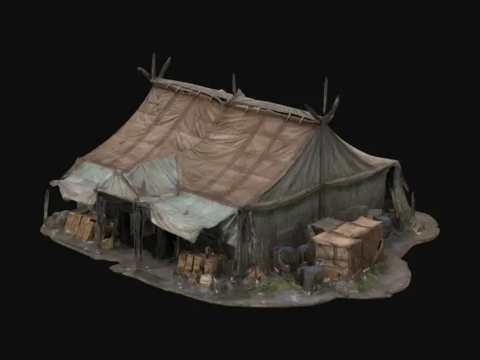 3D model for The Walking Dead, Highly Detailed warehouse building made from tents, wooden boards and metal scrap. Outside is a lot of trunks and boxes. Everything looks like surounded by trash