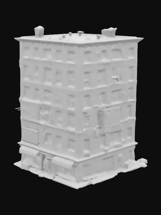 3D model for The Walking Dead, Ultra Realistic abandoned downtown apartment building. There are shop windows or cafes at the bottom. The building has from 5 to 15 floors. There is garbage in front of the building, several apartments have been burned down - the wall is covered with soot.