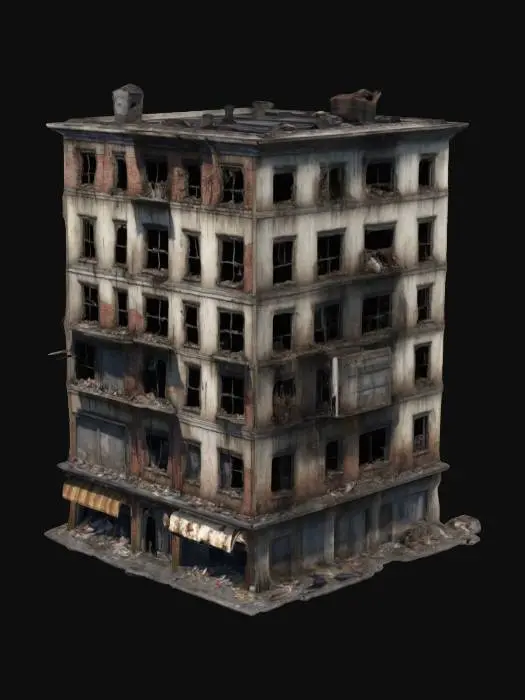 3D model for The Walking Dead, Ultra Realistic abandoned downtown apartment building. There are shop windows or cafes at the bottom. The building has from 5 to 15 floors. There is garbage in front of the building, several apartments have been burned down - the wall is covered with soot.