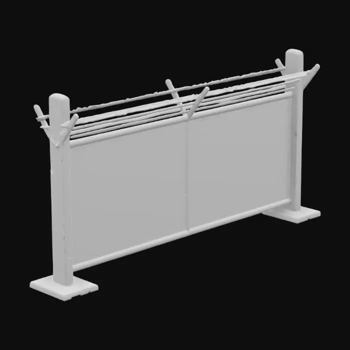 3D model for The Walking Dead, Low poly, a segment of mesh fence between metal posts with coils of barbed wire stretched above
