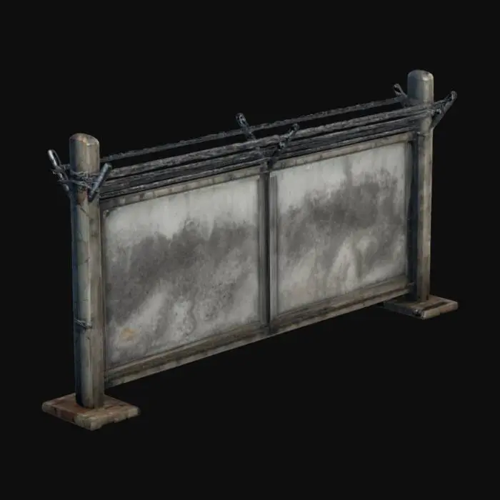 3D model for The Walking Dead, Low poly, a segment of mesh fence between metal posts with coils of barbed wire stretched above