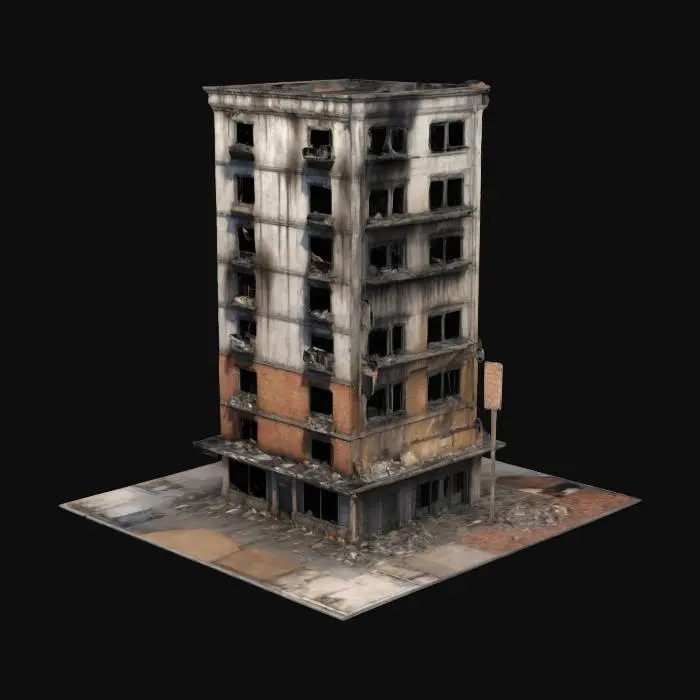 3D model for Ultra Realistic abandoned downtown apartment building. There are shop windows or cafes at the bottom. The building has from 5 to 15 floors. There is garbage in front of the building, several apartments have been burned down - the wall is covered with soot.
