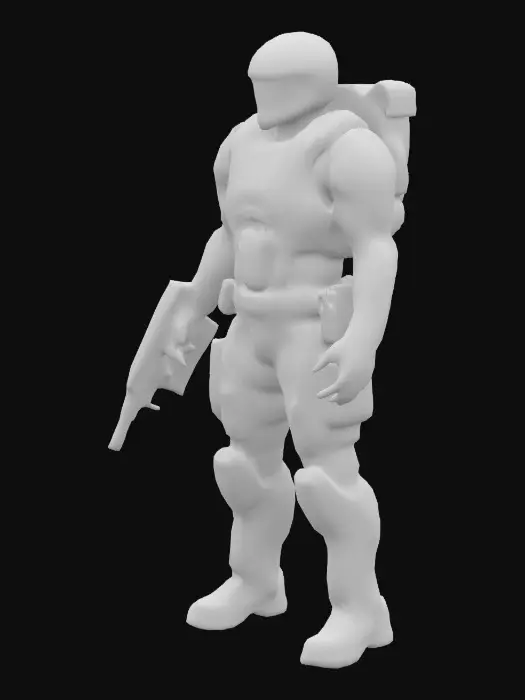 3D model for A cyborg super soldier stands in an upright posture. He is covered in armor, both made of carbon fiber and polished titanium. He has a Multicam camouflage texture like a space marine. Agile for combat. highly detailed texture with some battle worn edges. high tech and futuristic look.