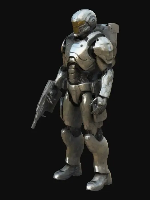 3D model for A cyborg super soldier stands in an upright posture. He is covered in armor, both made of carbon fiber and polished titanium. He has a Multicam camouflage texture like a space marine. Agile for combat. highly detailed texture with some battle worn edges. high tech and futuristic look.