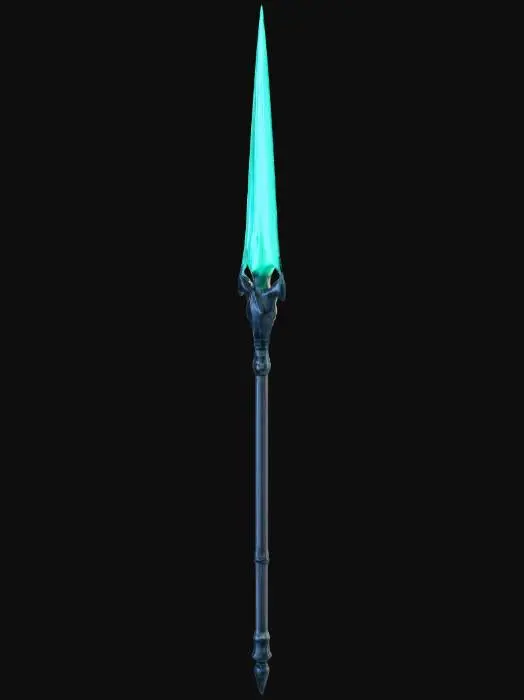 3D model for A fantasy spear inspired by an energetic warrior character.
Bright cyan glowing spearhead made of magical energy,
long dark handle, sharp triangular blade,
simple low poly style,
suitable for Roblox game,
single mesh, game-ready 3D model.