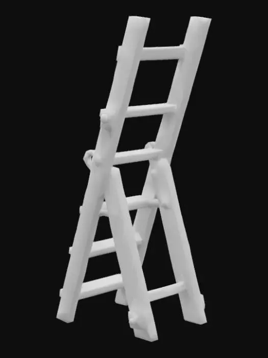 3D model for A vintage, weathered trestle ladder standing alone in a dusty, dimly lit workshop. The ladder is made of worn-out wood with visible splinters and deep scratches, showing decades of use. Its metal hinges and brackets are covered in dark orange and brown rust, flaking slightly, with bolts partly corroded. The legs of the ladder are uneven, one foot resting on a small wooden wedge to keep it stable. Dust and cobwebs cling to the joints and steps. The scene has a moody, realistic atmosphere, with soft light filtering through a dirty window, casting long shadows. High detail, photorealistic, 4K, shallow depth of field, cinematic lighting.