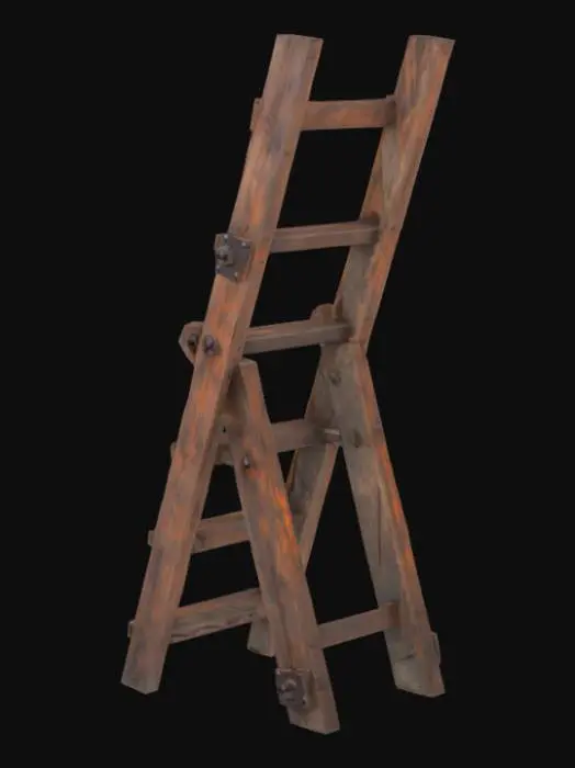 3D model for A vintage, weathered trestle ladder standing alone in a dusty, dimly lit workshop. The ladder is made of worn-out wood with visible splinters and deep scratches, showing decades of use. Its metal hinges and brackets are covered in dark orange and brown rust, flaking slightly, with bolts partly corroded. The legs of the ladder are uneven, one foot resting on a small wooden wedge to keep it stable. Dust and cobwebs cling to the joints and steps. The scene has a moody, realistic atmosphere, with soft light filtering through a dirty window, casting long shadows. High detail, photorealistic, 4K, shallow depth of field, cinematic lighting.