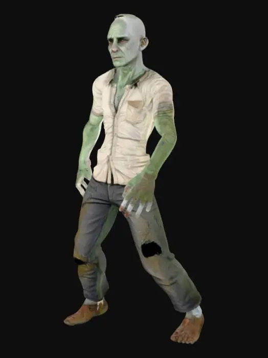 3D model for “un modelo zombie en T-Pose, con los brazos extendidos horizontalmente y las piernas rectas, de pie firme sobre el suelo, mirando al frente.”