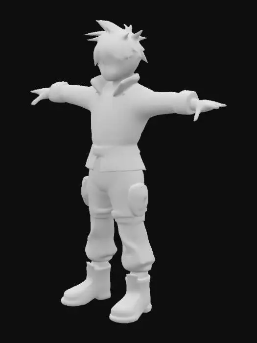 3D model for Create a 3D anime-style male character with a slim athletic build, spiky black hair, large expressive eyes, and a confident look. Outfit: modern fantasy jacket, fingerless gloves, utility belt, and boots. Colors: dark blue, black, and silver. Stylized textures with clean anime shading. Model should be in a T-pose, ready for rigging and animation.