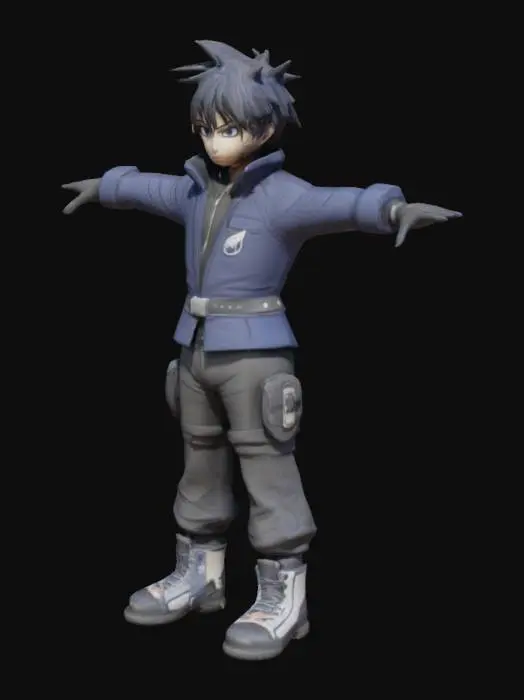 3D model for Create a 3D anime-style male character with a slim athletic build, spiky black hair, large expressive eyes, and a confident look. Outfit: modern fantasy jacket, fingerless gloves, utility belt, and boots. Colors: dark blue, black, and silver. Stylized textures with clean anime shading. Model should be in a T-pose, ready for rigging and animation.
