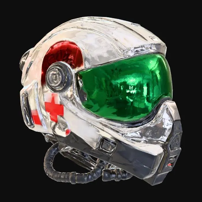 3D model for Cyberpunk special ops medic helmet in white and green tint with a red cross on it, no visor, integrated rebreather, side flashlight