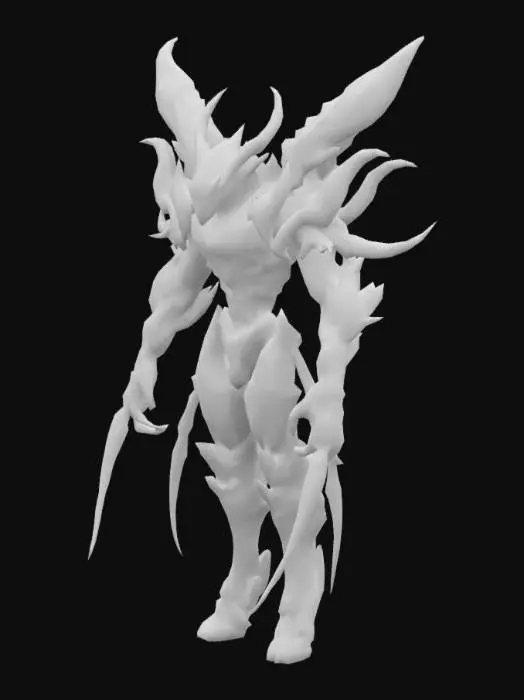 3D model for "A large, menacing organic weapon system composed of two massive, blade-like appendages extending from the upper back or shoulders. The base of the appendages is thick and muscular, with a deep, blood-red coloration resembling raw, sinewy muscle tissue. As the appendages stretch outward, they gradually transform into long, jagged, wing-like blades. The outer portions shift in color from red to a dark, deep blue with purple hues, giving them a crystalline or chitinous appearance. The surface is semi-transparent with vein-like, organic patterns coursing through them, evoking a supernatural, bio-organic weapon aesthetic. Several dark, spike-like protrusions jut out near the base, adding a brutal, armored appearance. The overall design is sharp, alien, and intimidating — like a fusion of flesh