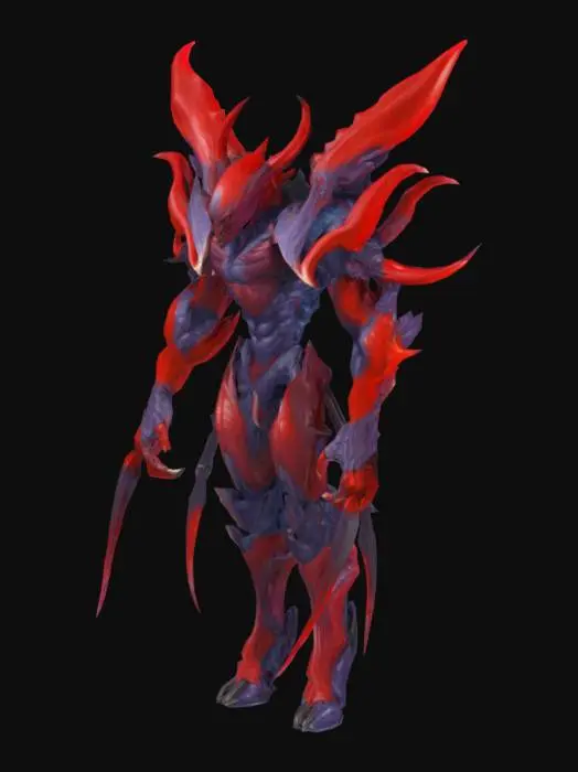 3D model for "A large, menacing organic weapon system composed of two massive, blade-like appendages extending from the upper back or shoulders. The base of the appendages is thick and muscular, with a deep, blood-red coloration resembling raw, sinewy muscle tissue. As the appendages stretch outward, they gradually transform into long, jagged, wing-like blades. The outer portions shift in color from red to a dark, deep blue with purple hues, giving them a crystalline or chitinous appearance. The surface is semi-transparent with vein-like, organic patterns coursing through them, evoking a supernatural, bio-organic weapon aesthetic. Several dark, spike-like protrusions jut out near the base, adding a brutal, armored appearance. The overall design is sharp, alien, and intimidating — like a fusion of flesh