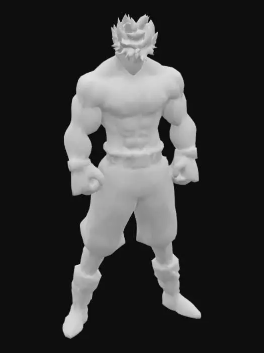 3D model for A muscular anime boxer stands in a ring, facing forward in a powerful stance. He has spiky black hair, glowing blue eyes, and a fierce, gritted-teeth expression. His body is hyper-defined with exaggerated muscles and glowing light effects. He wears red boxing gloves and dark blue trunks labeled "MAMORU." A spotlight shines from above, creating dramatic shadows and highlights. Steam rises from his shoulders, adding intensity. The background shows red, white, and blue ropes with particle effects. The art style is bold, detailed, and highly stylized., #AroundTheWorld#, 

