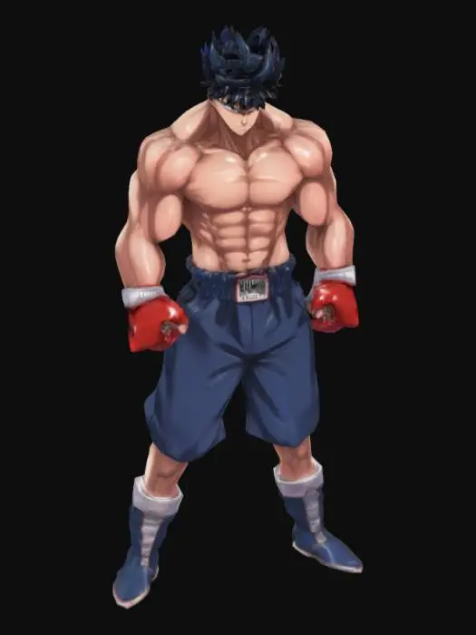 3D model for A muscular anime boxer stands in a ring, facing forward in a powerful stance. He has spiky black hair, glowing blue eyes, and a fierce, gritted-teeth expression. His body is hyper-defined with exaggerated muscles and glowing light effects. He wears red boxing gloves and dark blue trunks labeled "MAMORU." A spotlight shines from above, creating dramatic shadows and highlights. Steam rises from his shoulders, adding intensity. The background shows red, white, and blue ropes with particle effects. The art style is bold, detailed, and highly stylized., #AroundTheWorld#, 

