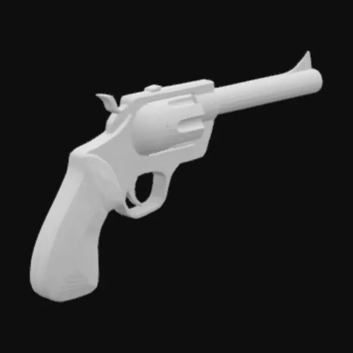 3D model for Create a 3D model of a cartoon-style revolver with a long barrel. Use a sleek, vibrant color palette with balanced shades of blue, red, and metallic accents. The grip should have a polished wooden texture, while the barrel and cylinder feature a clean, smooth finish. Avoid overly saturated or clashing colors. The model should have a fun, stylized look while staying visually appealing.
