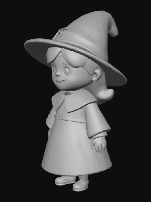 3D model for Create a small, cartoon-style Pilgrim girl for children. The model should be about 1.5 inch tall. The Pilgrim girl should have: A rounded cartoon body with extremely simple arms and legs. Traditional Pilgrim clothing: wide-brim hat with buckle, tunic, and belt. A cheerful, kid-friendly face. The style should be extremely simple, playful, and easy to 3D print without supports. Minimize overhangs and round all edges.