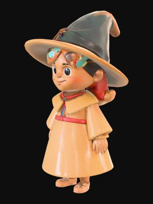 3D model for Create a small, cartoon-style Pilgrim girl for children. The model should be about 1.5 inch tall. The Pilgrim girl should have: A rounded cartoon body with extremely simple arms and legs. Traditional Pilgrim clothing: wide-brim hat with buckle, tunic, and belt. A cheerful, kid-friendly face. The style should be extremely simple, playful, and easy to 3D print without supports. Minimize overhangs and round all edges.