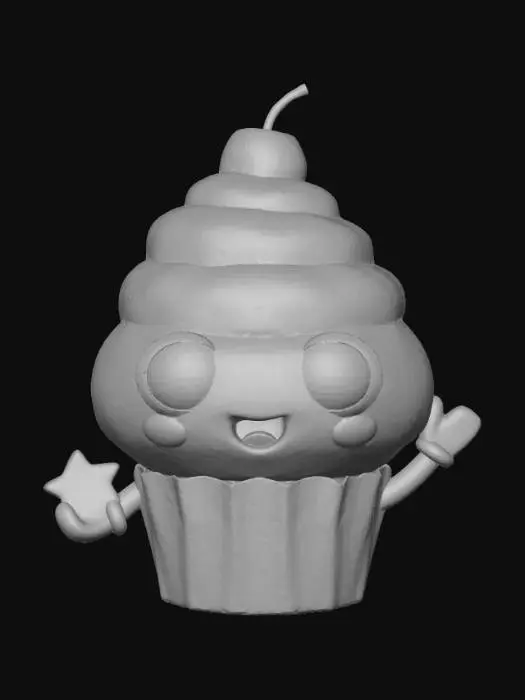 3D model for Create a small, chibi-style figurine based on a cupcake. The cupcake should look like a cute cartoon character, about 2 inches tall, with a large rounded head made of swirled frosting, big expressive eyes, and a small simplified body as the cupcake wrapper. Add a cheerful face, tiny arms, and a playful pose. The style should be smooth, toy-like, and kid-friendly, with exaggerated proportions typical of chibi characters. Keep surfaces solid and sturdy so the model is easy to 3D print.