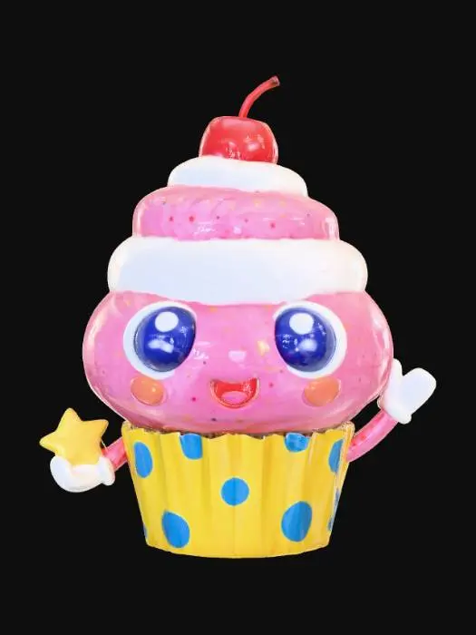 3D model for Create a small, chibi-style figurine based on a cupcake. The cupcake should look like a cute cartoon character, about 2 inches tall, with a large rounded head made of swirled frosting, big expressive eyes, and a small simplified body as the cupcake wrapper. Add a cheerful face, tiny arms, and a playful pose. The style should be smooth, toy-like, and kid-friendly, with exaggerated proportions typical of chibi characters. Keep surfaces solid and sturdy so the model is easy to 3D print.