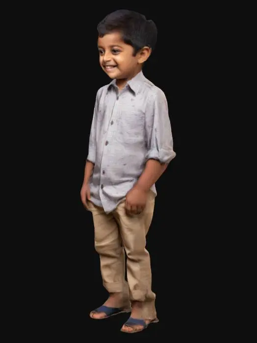 3D model for a young indian kid of age 7 slightly smiling and standing with his hands in pocket wearing a casual shirt and pant