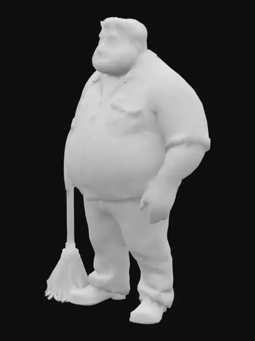 3D model for Large school janitor with dark curly hair and beard.  He wears a blue collar shirt and carries a mop. His shirt has a red name tag that says "Marv" in black letters.