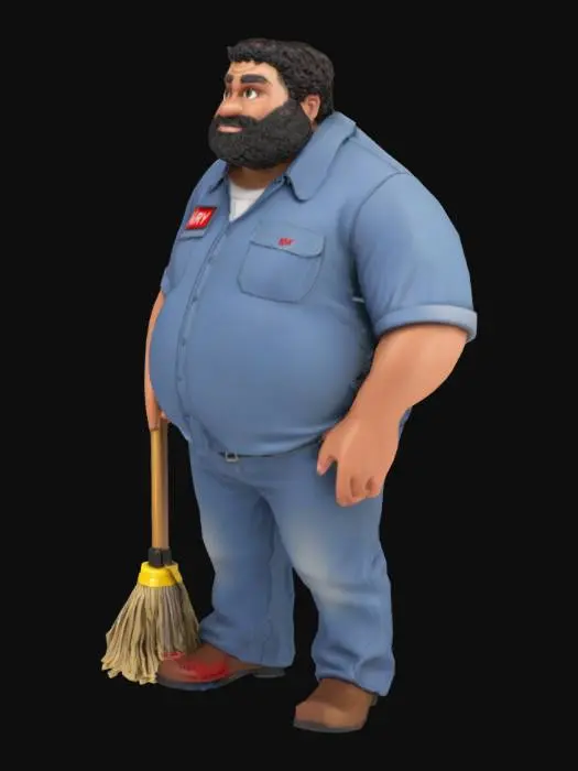 3D model for Large school janitor with dark curly hair and beard.  He wears a blue collar shirt and carries a mop. His shirt has a red name tag that says "Marv" in black letters.