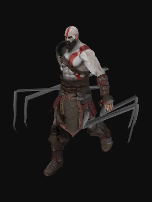 3D model for Realistic 3D model of Kratos from God of War – muscular bald warrior with pale ash-gray skin, red tattoo across his body and face, wearing Greek-inspired battle armor with leather straps, metal chest plate, and armored boots. Holding Blades of Chaos with fiery chains wrapped around his forearms. Angry expression, full beard, detailed textures for skin, armor, and weapons. Game-ready, high-poly with detailed surface normals, ideal for cinematic scenes. T-pose, neutral lighting, studio background."