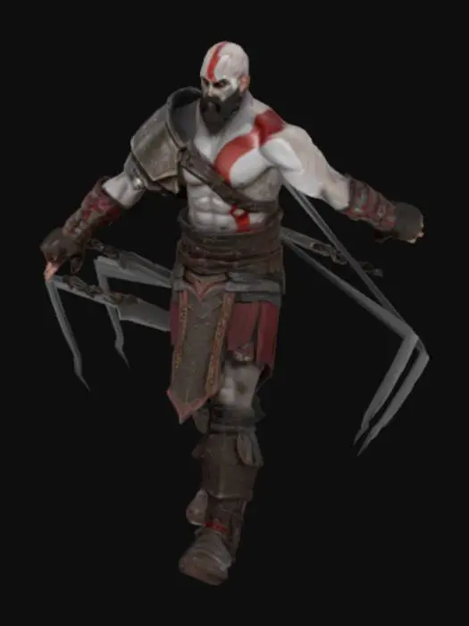 3D model for Realistic 3D model of Kratos from God of War – muscular bald warrior with pale ash-gray skin, red tattoo across his body and face, wearing Greek-inspired battle armor with leather straps, metal chest plate, and armored boots. Holding Blades of Chaos with fiery chains wrapped around his forearms. Angry expression, full beard, detailed textures for skin, armor, and weapons. Game-ready, high-poly with detailed surface normals, ideal for cinematic scenes. T-pose, neutral lighting, studio background."
