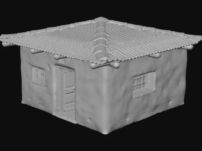 3D model for Small square mudbrick house, single room, flat roof. One doorway entrance (no door), one small window opening near roofline. Roof has wooden beams visible. Walls slightly irregular (hand-built authenticity).