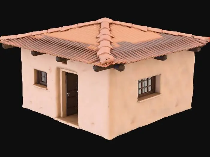 3D model for Small square mudbrick house, single room, flat roof. One doorway entrance (no door), one small window opening near roofline. Roof has wooden beams visible. Walls slightly irregular (hand-built authenticity).