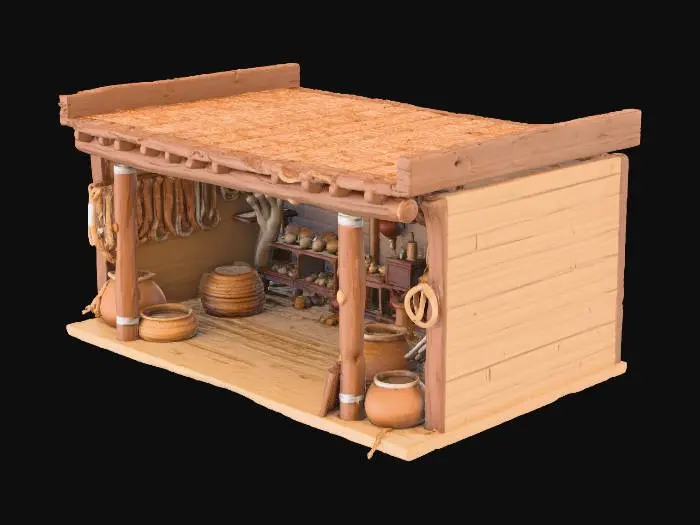 3D model for "Ancient Egyptian supply depot, 2560 BCE, open-sided storage building, wooden posts supporting flat roof, tool racks, rope storage, organized warehouse, mudbrick back wall, construction site supply building, low-poly game asset style"