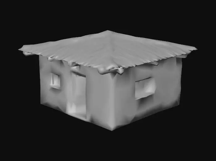 3D model for Small square mudbrick house, single room, flat roof. One doorway entrance (no door), one small window opening near roofline. Roof has wooden beams visible. Walls slightly irregular (hand-built authenticity).