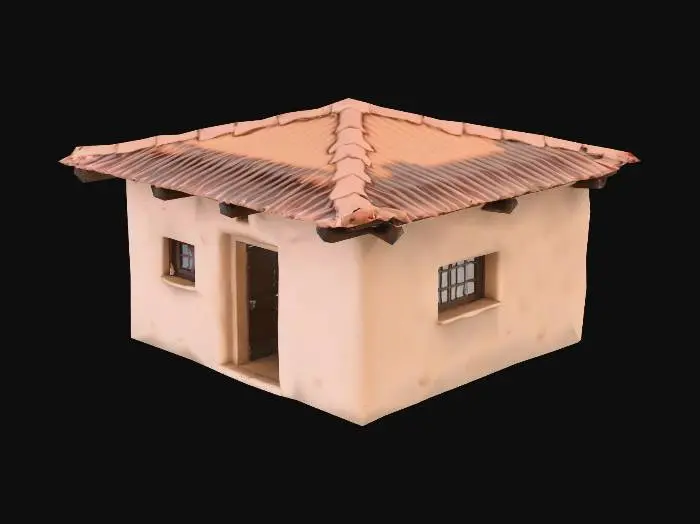 3D model for Small square mudbrick house, single room, flat roof. One doorway entrance (no door), one small window opening near roofline. Roof has wooden beams visible. Walls slightly irregular (hand-built authenticity).