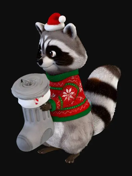 3D model for raccoon with christmas hat and sweater holding a stocking that looks like a garbage can