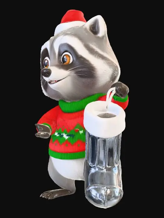 3D model for raccoon with christmas hat and sweater holding a stocking that looks like a garbage can, #Christmas2025#