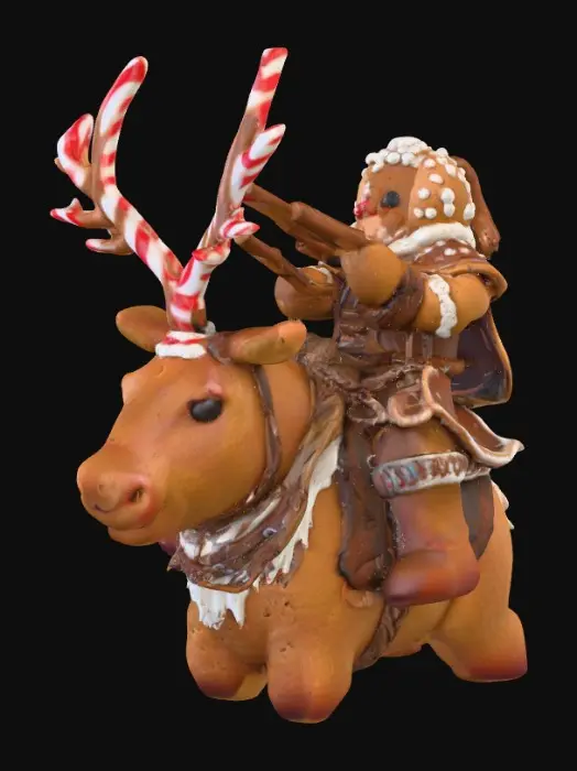 3D model for A stylized PBR 3D gingerbread man prop riding a realistic rain deer. It looks baked hard, with scorched edges, rough cookie texture, and raised, hand-painted royal icing details. It wears small, chunky armor plates made of hardened rock candy and hammered copper. It holds a tiny, chipped candy cane weapon. Emphasize the contrast between baked goods texture and rough metal. The rain deer looks realistic, bit tired and dirty. It resembles a christmas rain deer who had to work hard with ginger bread man. Make it fit into warhammer world. Use detailed textures on both ginger bread man and rain deer. Put few worn and torn details on the rain deer.