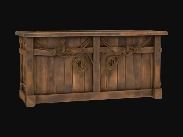3D model for A sturdy wooden counter with a weathered finish, reinforced with thick ropes and netting on the sides