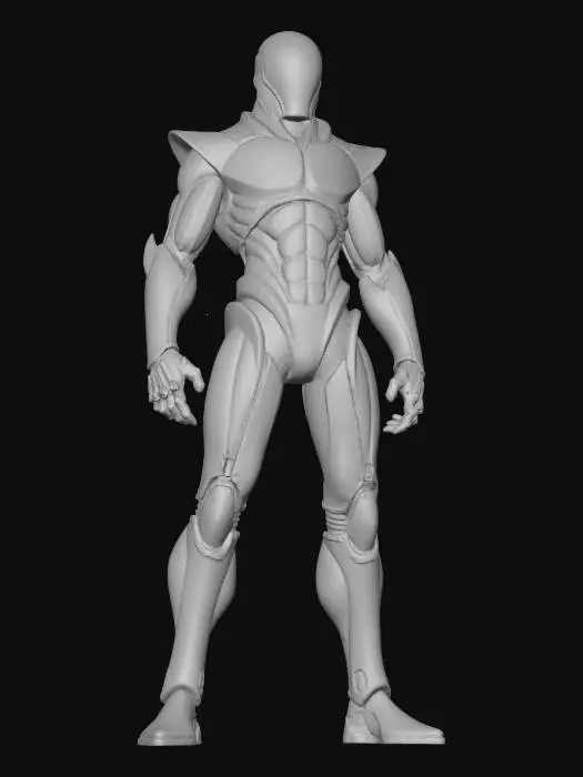 3D model for Full-body relic exosuit , standing in a barren desert. The suit is seamless and monolithic, sculpted from oily black alloy with faint bronze-green patina. Helmet fully sealed and featureless, smooth and intimidating, no face or visor visible. Armor looks grown and organic, not built — no seams, no straps, no bolts, just flowing planes of metal with angular shoulders and heavy boots. Subtle glowing red inlays etched across the chest and arms, like archaic circuitry. Hands oversized for gripping relic weapons. Style: line-art, graphic novel, Moebius-inspired, sharp contours, bold outlines, crosshatching for depth, minimal shading, mythic science-fantasy tone.Centered full-body portrait, standing tall. No background clutter focus on the suit’s silhouette.
