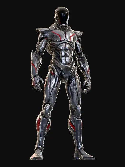 3D model for Full-body relic exosuit , standing in a barren desert. The suit is seamless and monolithic, sculpted from oily black alloy with faint bronze-green patina. Helmet fully sealed and featureless, smooth and intimidating, no face or visor visible. Armor looks grown and organic, not built — no seams, no straps, no bolts, just flowing planes of metal with angular shoulders and heavy boots. Subtle glowing red inlays etched across the chest and arms, like archaic circuitry. Hands oversized for gripping relic weapons. Style: line-art, graphic novel, Moebius-inspired, sharp contours, bold outlines, crosshatching for depth, minimal shading, mythic science-fantasy tone.Centered full-body portrait, standing tall. No background clutter focus on the suit’s silhouette.