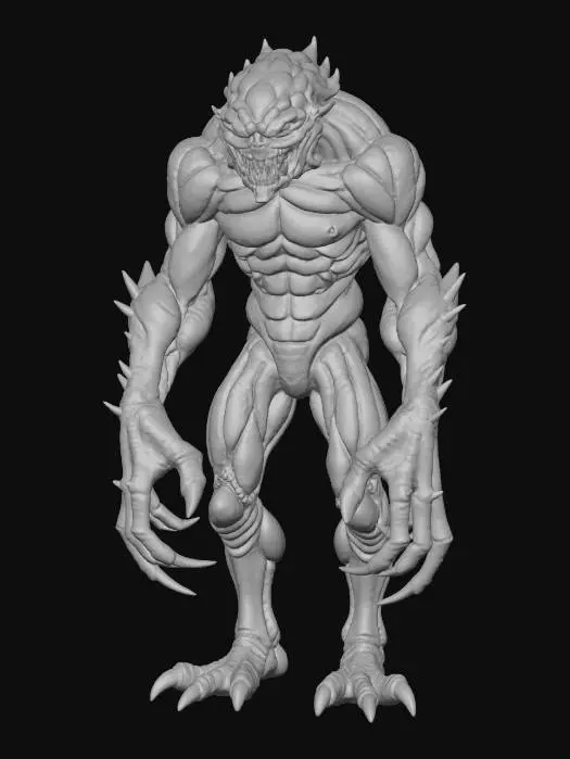 3D model for #villain#, Mutated monstrosity of black bulging muscles and tumorous lumps, bipedal but mut rest on the knuckles of a enlarged asymmetric arm, the creature has human reptilian and squid like look