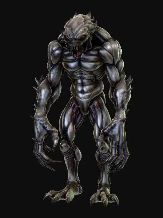 3D model for #villain#, Mutated monstrosity of black bulging muscles and tumorous lumps, bipedal but mut rest on the knuckles of a enlarged asymmetric arm, the creature has human reptilian and squid like look
